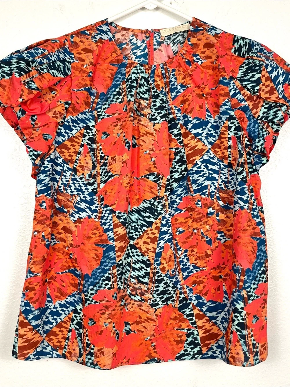 Ulla Johnson Iren Orange & Blue Cotton Puff Sleeve Blouse Top Size 0